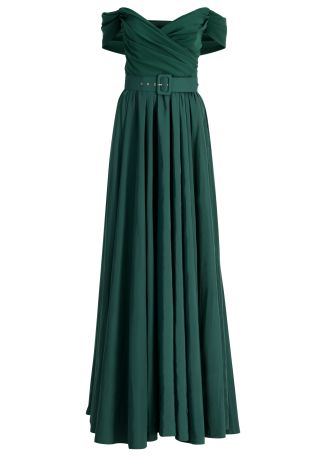 Tania green off-the-shoulder crepe and taffeta gown
