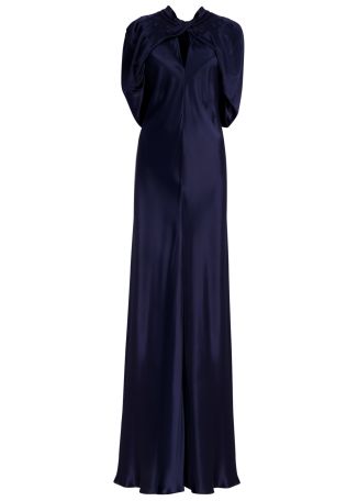 Navy cape-effect satin maxi dress
