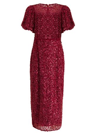 Carmen red bead-embellished mesh midi dress