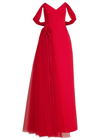 Spica red off-the-shoulder satin and tulle maxi dress