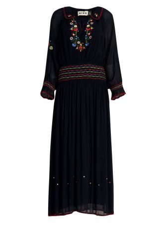 Navy floral-embroidered chiffon midi dress