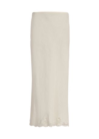 Crystal ivory lace-trimmed linen-blend midi skirt
