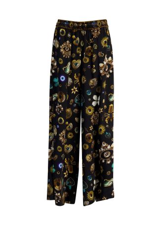 Amulets and alchemy printed silk trousers
