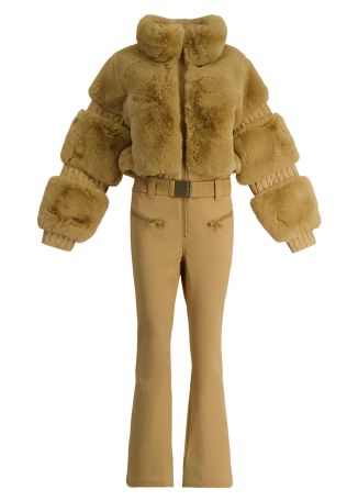 Lieke beige flared-leg faux fur ski jumpsuit