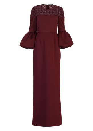 Alora burgundy bead-embellished satin gown