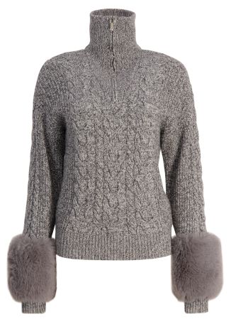 Grey fur-trimmed wool-blend jumper