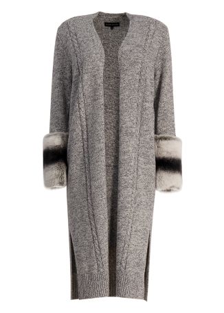 Grey fur-trimmed wool-blend cardigan