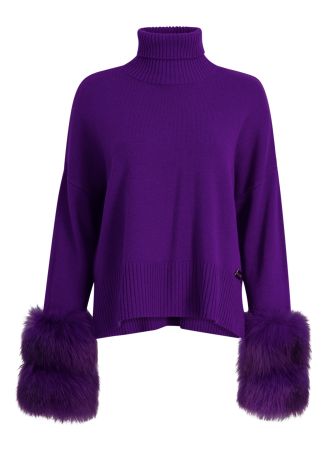 Purple fur-trimmed wool-blend jumper