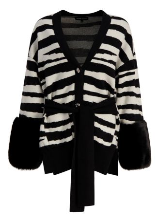 Fur-trimmed wool-blend cardigan