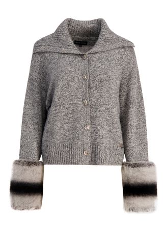 Grey fur-trimmed wool-blend cardigan