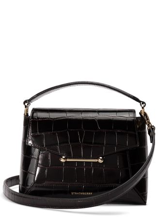 Mosaic brown croc-embossed leather top handle bag