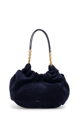 The Midi Miami blue ruched suede shoulder bag