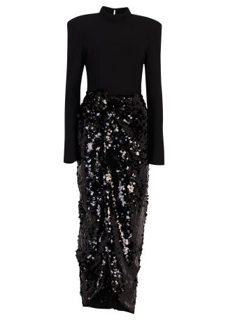 Black sequin-embellished jersey midi dress