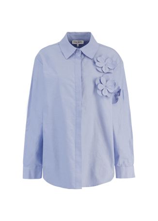 Blue floral-embellished cotton shirt