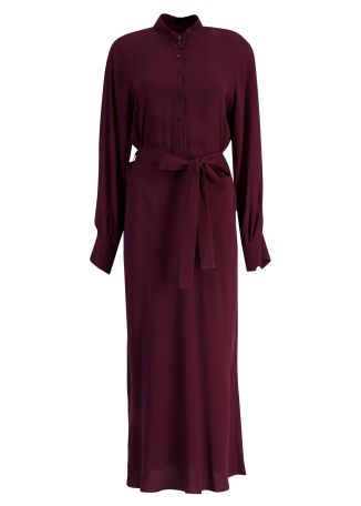 Burgundy belted crepe midi dress