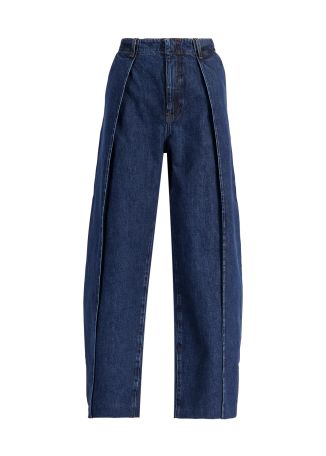 The bowed trouser blue barrel-leg jeans
