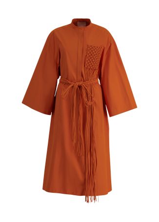 Poska orange fringe-embellished cotton midi dress
