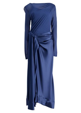 Hertfordshire blue draped jersey and satin maxi dress
