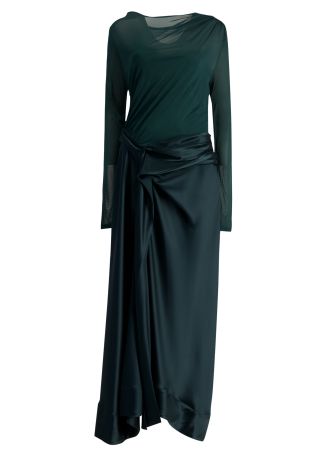 Hertfordshire green draped jersey and satin maxi dress