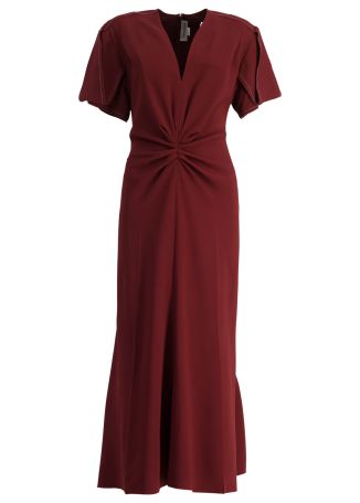 Burgundy ruched silk midi dress