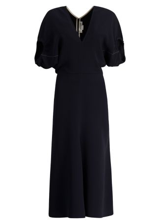 Navy asymmetrical crepe midi dress