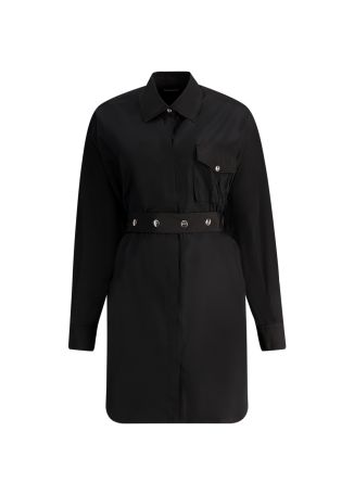 Black belted taffeta mini dress