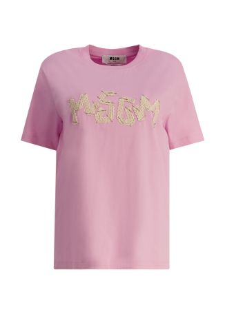 Pink logo-embroidered cotton t-shirt