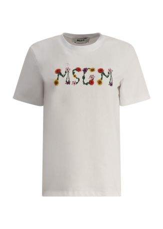 White floral-embroidered cotton t-shirt