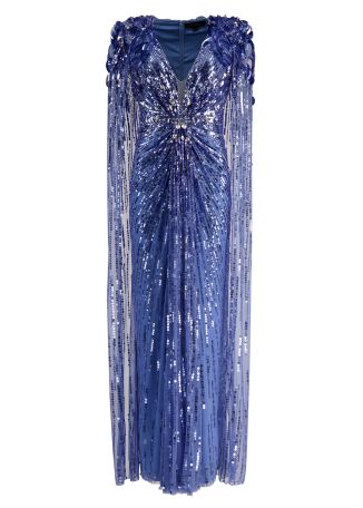 Goldfinger blue cape-effect tulle gown