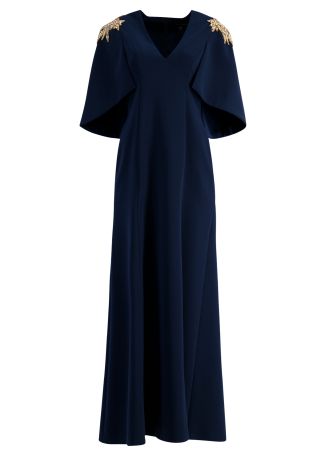 Star shower navy bead-embellished crepe gown
