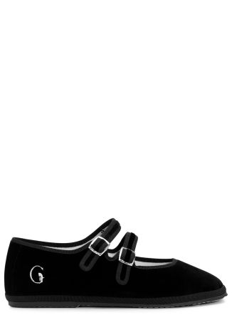 Black logo-embroidered velvet mary jane ballet flats