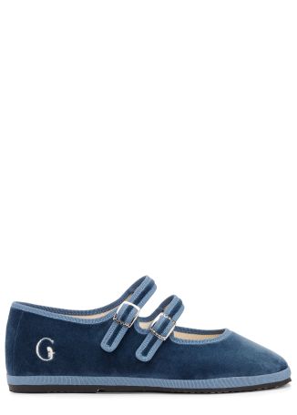 Rialto blue logo-embroidered velvet mary jane ballet flats