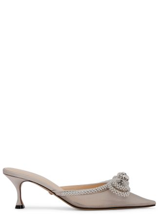 Double Bow 75 silver pearl-embellished mesh pumps