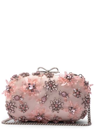 Pink crystal-embellished satin clutch