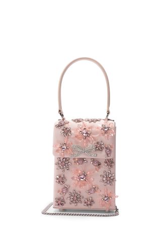 Pink crystal-embellished satin top handle bag