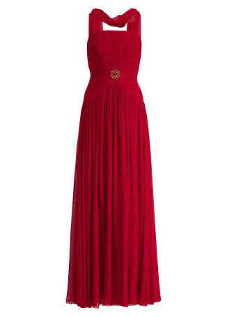 Red pleated silk maxi dress