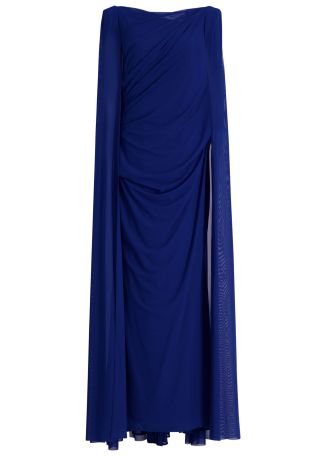 Blue cape-effect tulle gown
