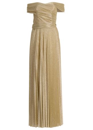 Gold off-the-shoulder voile maxi dress
