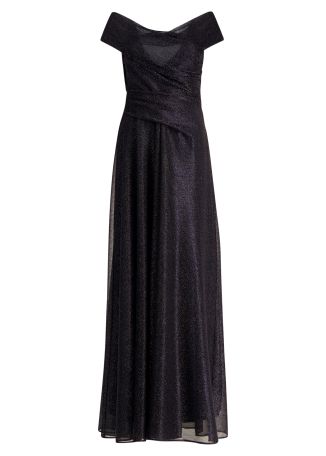 Navy off-the-shoulder metallic voile gown