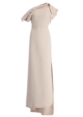 Absolve beige draped crepe gown