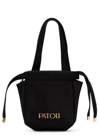 Black logo-embellished satin top handle bag