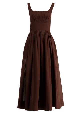 Sunny brown gathered cotton midi dress