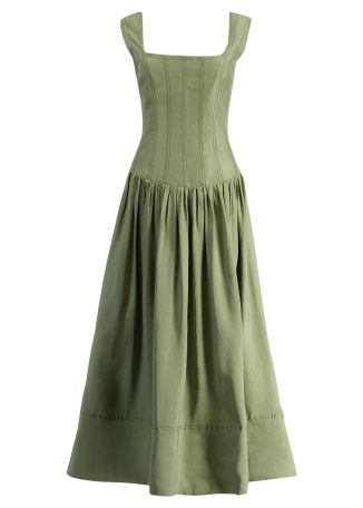 Spirelle green gathered linen-blend midi dress