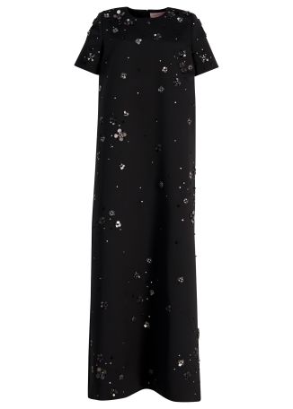 Dana black floral-embroidered satin gown