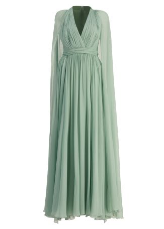 Green cape-effect silk maxi dress