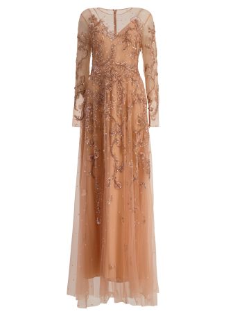 Nude floral-embroidered tulle maxi dress