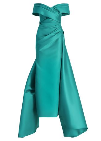 Green off-the-shoulder satin maxi dress