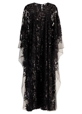 Black floral-embroidered tulle kaftan