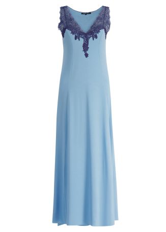 Blue lace-trimmed stretch-modal maxi night dress