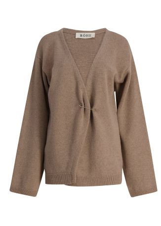 Taupe off-the-shoulder wool-blend cardigan